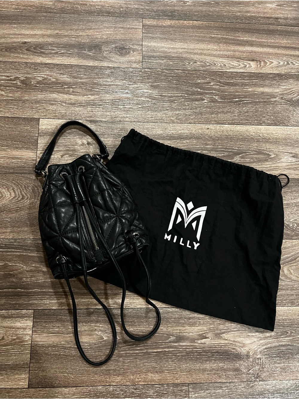 Milly Avery Black Lambskin Quilted Leather Drawstring Backpack & Shoulder Bag